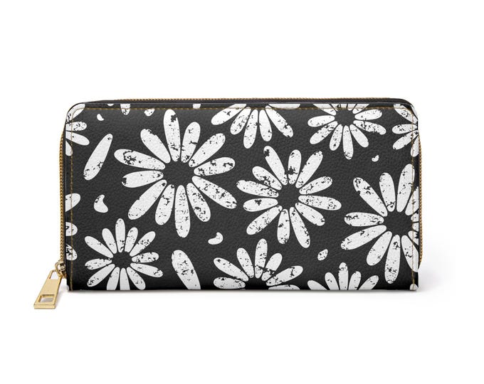 White Daisy Pattern Zipper Wallet | Black Floral Wallet