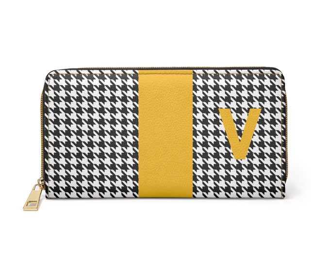 Houndstooth Black and White with Marigold V Initialized Detail Womens Zippered Wallet, Personalized Wallet, Initialized, Womens Wallet