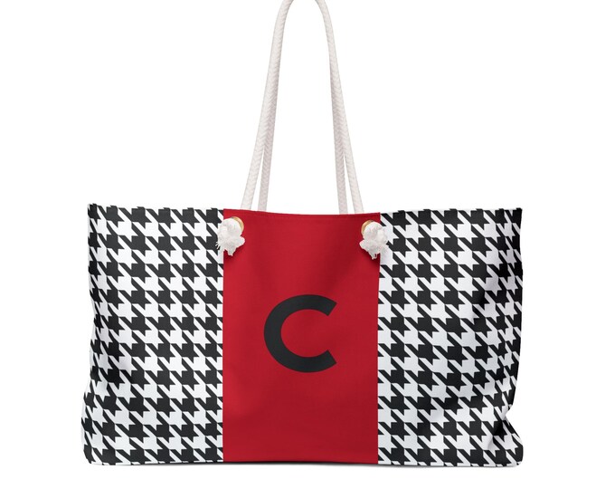 Houndstooth Black and White with Red and Black C Initialized Detail Womens Weekender Tote Bag