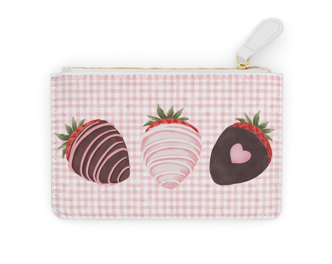 Chocolate Covered Strawberries Mini Clutch Bag | Pink Gingham Zipper Pouch