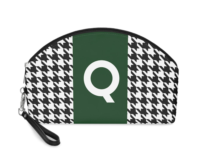 Houndstooth Makeup Bag: Personalized Initial Q, Forest Green Accent