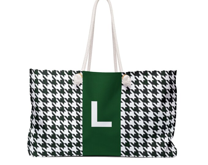 Houndstooth Black White & Forest Green Weekender Tote Bag – Personalized Women’s Oversized Travel Handbag with Initial L