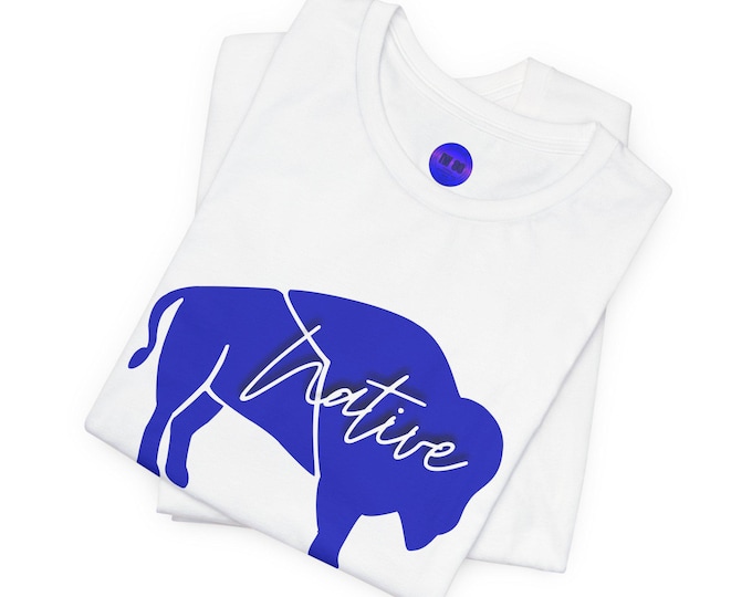 Blue Bison “Innii” Unisex Tee – Native-Designed Jersey Shirt, Sustainable Cotton, Cultural Pride, Iron Woman 80