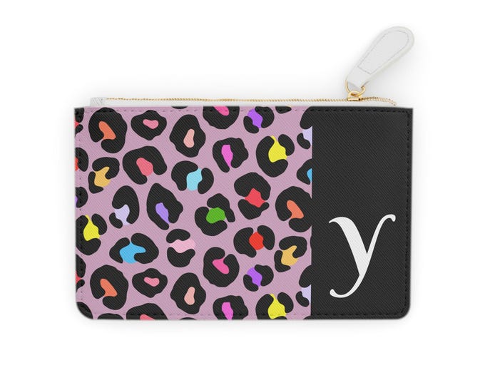 Rainbow Leopard Pattern Cardholder, Pink and Black with Initial Y, Mini Clutch Bag