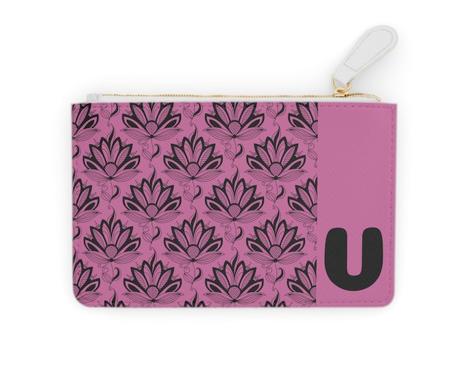 Pink and Black Succulents Pattern, Mini Clutch Bag, Personalized with V Initial