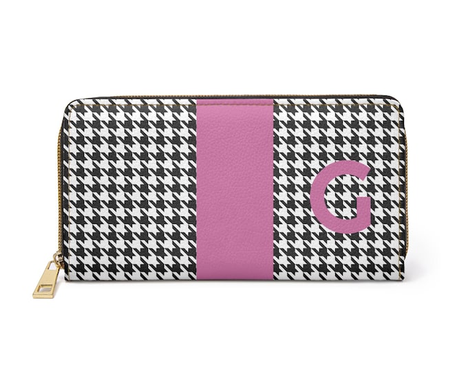 Houndstooth Black and White with Pink G Initial Detail Womens Zippered Wallet, Personalized