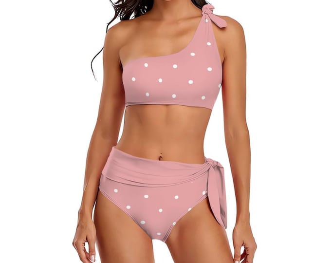 Pink Polka Dot One-Shoulder Tie High-Waisted Bikini Customized Services