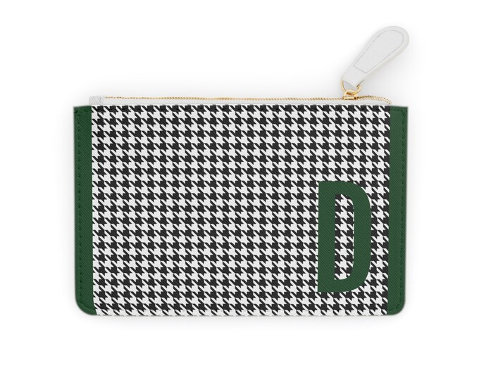 Houndstooth Forrest Green Detail Initialized, D Initial, Personalized Mini Clutch Bag, Womens Zippered Card Holder