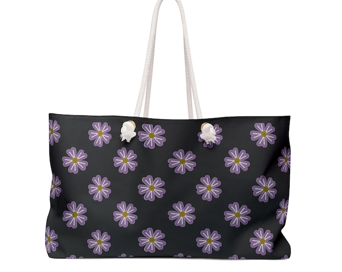 Lavender Daisy Pattern Weekender Bag | Floral Tote, Black Background