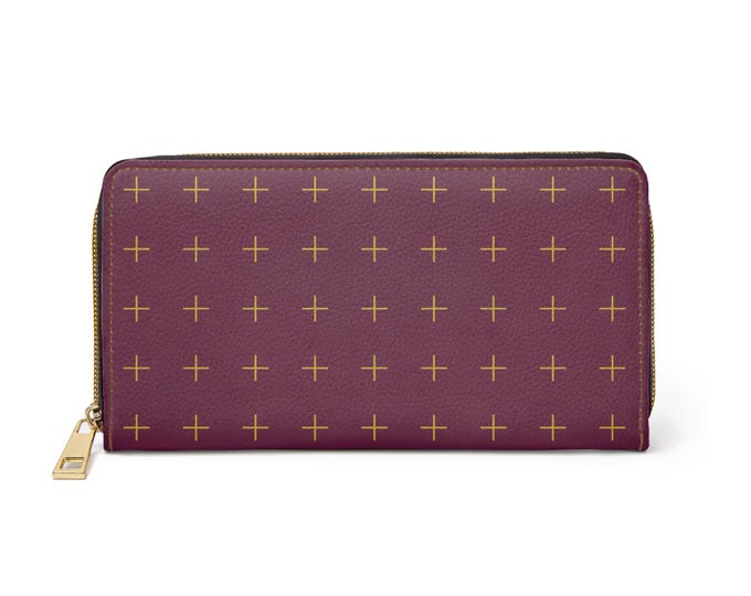Mustard Yellow Plus Pattern Zipper Wallet | Dark Magenta Cross Stitch Motif