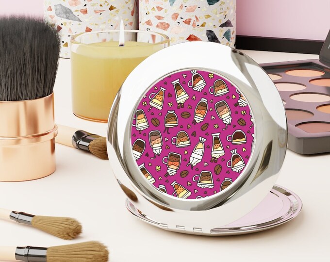 Pink and Brown Coffee lovers Compact Travel Mirror-Makeup Mirror-Mirror-Beauty Mirror