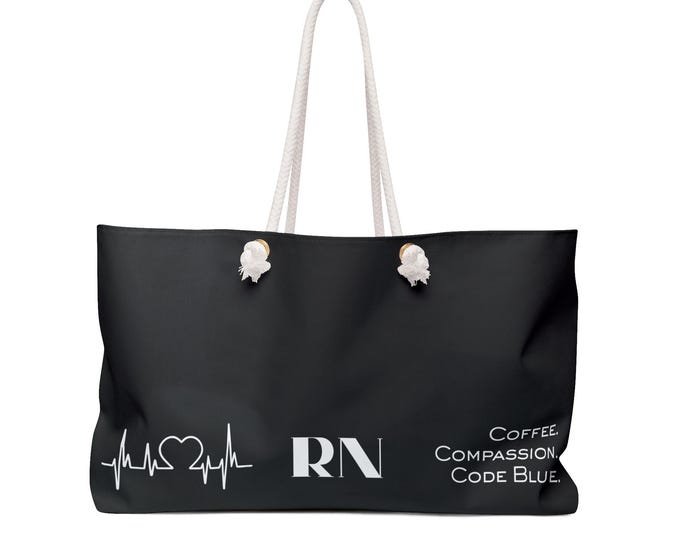 Heartbeat RN Black Weekender Tote Bag | Nurse Wallet, Coffee Compassion Code Blue