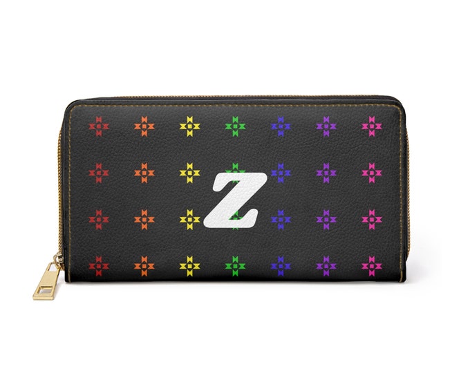 Rainbow Native Stars Womens Wallet, Personalized with White Initial Z, Initialized Zipper Wallet