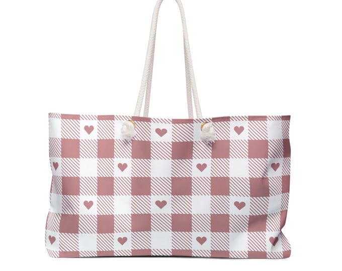 Pink Gingham Heart Weekender Bag | Checkered Tote for Travel