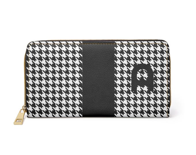 Houndstooth Black and White with Black, A Initialized Detail Womens Zippered Wallet