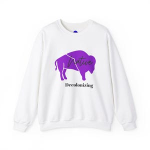 May include: White sweatshirt with a purple silhouette of a buffalo with the word "Native" written across it. The text "Decolonizing" is written below the buffalo.