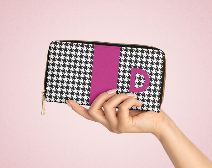 Houndstooth Black and White with Magenta D Initialized Detail Womens Zippered Wallet, Personalized Wallet, Initialized, Womens Wallet