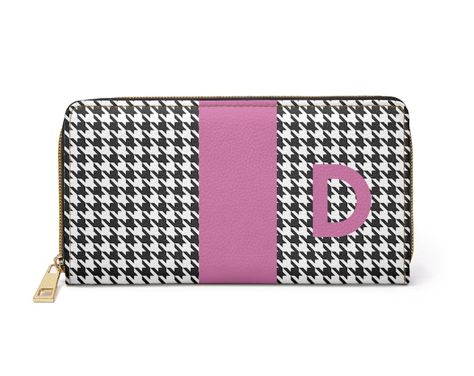 Houndstooth Black and White with Pink D Initialized Detail Womens Zippered Wallet, Personalized Wallet, Initialized, Womens Wallet