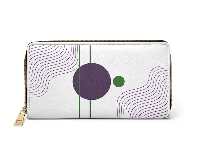 Abstract Geometric Dots Zipper Wallet | Modern White Purple Green Lines