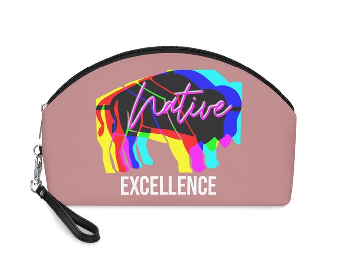 Makeup Bag, Cosmetic Pouch – Pink Vegan Leather Zipper Wristlet Travel Organizer with Bison ‘Native Excellence’ Graphic