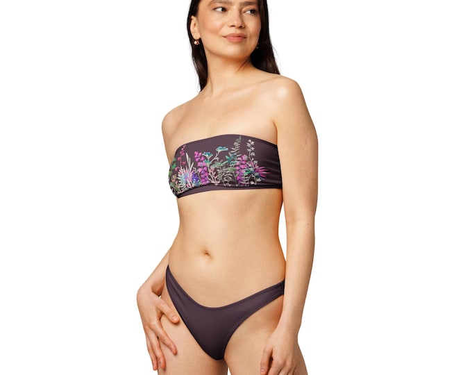Native Berry Checkered Floral Bandeau Bikini Set – 2 Piece Recycled Swimwear | Eco Friendly Sustainable Swimsuit Resort Wear