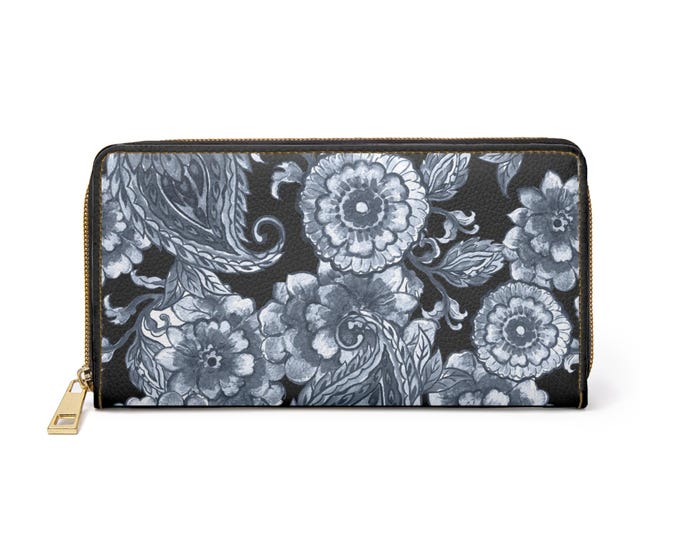 Monochrome Floral Pattern Zipper Wallet | Black Vintage Paisley Flowers