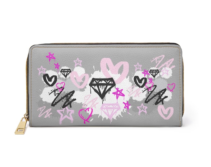 Gray Trendy Zipper Wallet with Fun Heart and Diamond Design, Perfect Gift for Teens, Stylish Accessory, Birthday Present, Everyday Use
