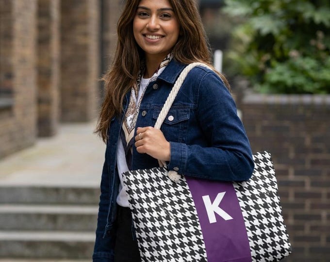 Mulberry Bloom Houndstooth Initialized Detail Womens Weekender Tote Bag, Personalized Bag, Initialized Handbag