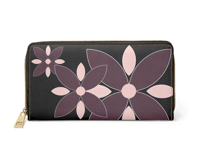 Pink Plum Floral Zipper Wallet | Floral Pattern Black Wallet