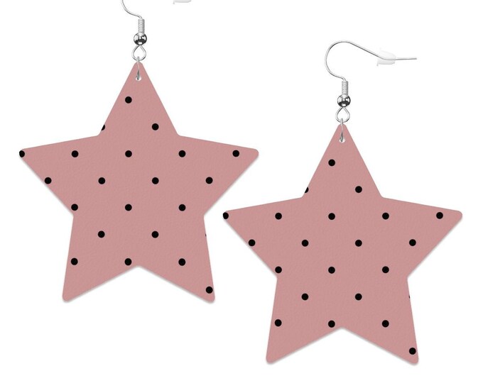 Featherlight Pink Polka Dot Star Earrings – Minimalist Faux Leather Statement Jewelry, Lightweight Gift for Her