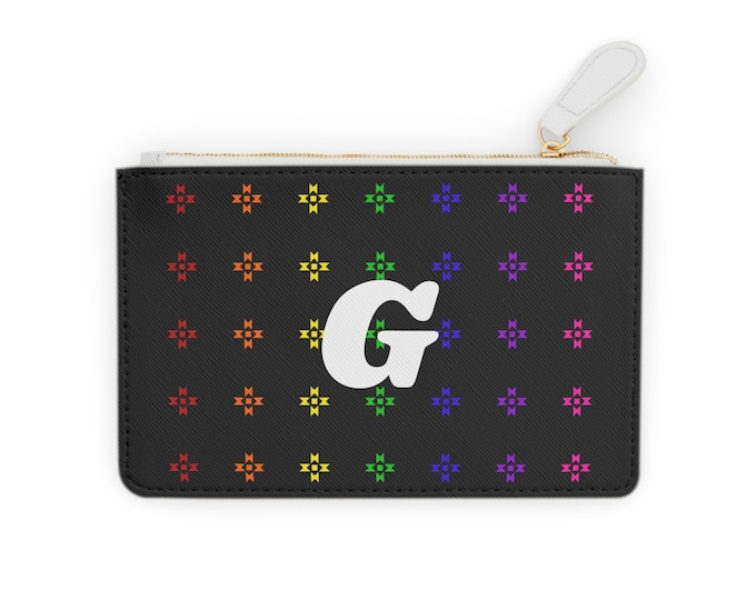 Rainbow Native Stars Mini Clutch, Personalized Cardholder, White Initial G, Initialized