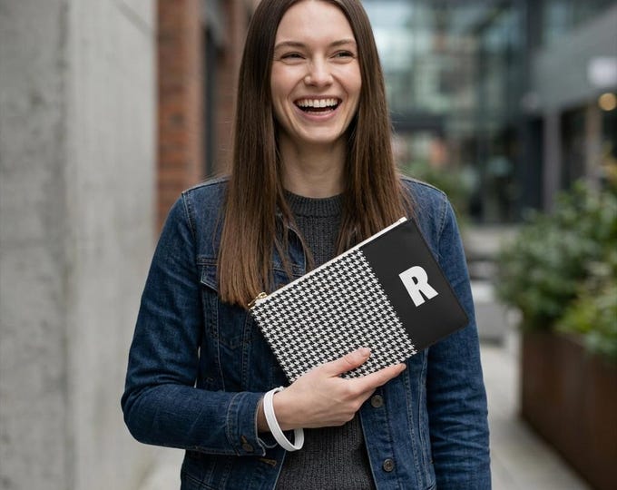 Black and White with your Initial, Choose R-V, Stylish Houndstooth Clutch Bag, Trendy Accessory for Women