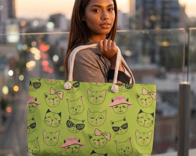 CCute Cat Faces Pattern Weekender | Lime Kitty Tote, Cat Lover Travel Bag