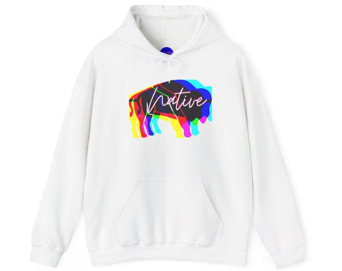 Native Bison Hoodie, Unisex Pullover Fleece Sweatshirt, Indigenous Graphic Hoodie, Soft Warm Tribal Hoodie, Native American Design, Multicol