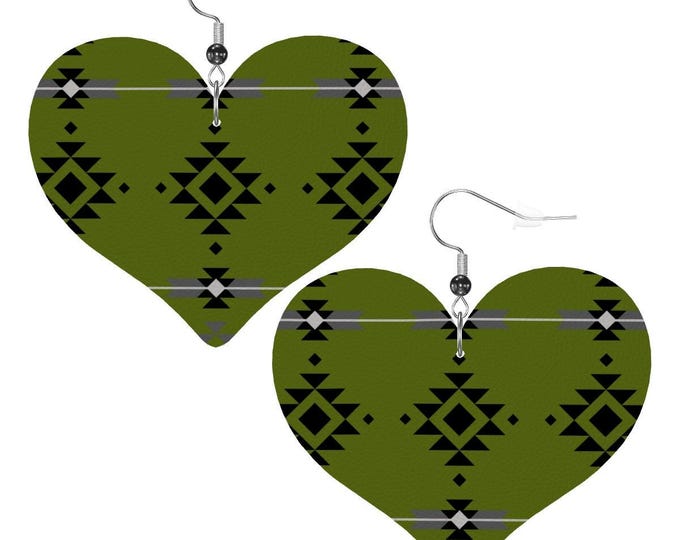 Heart Shape Leather Earrings with Native Pattern in Warrior Olive