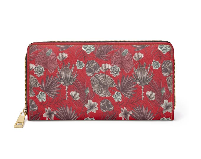 Tomato Red Vintage Tropical Floral Zipper Wallet | Palm Leaves, Neutral Blooms