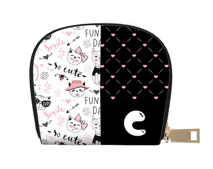 Cute Cats Wallet – Pink, Black & White | Personalized Initial C | Leather Semicircle Card Holder | Women’s Mini Wallet