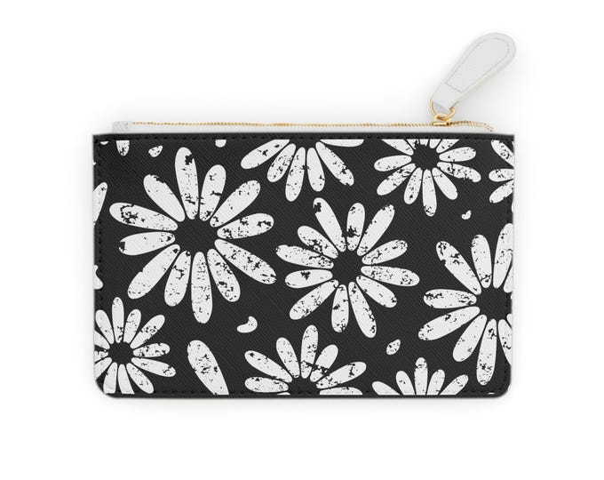 White Daisy Pattern Mini Clutch Wallet | Black Floral Zipper Pouch