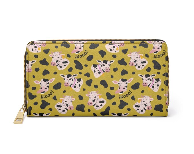 Mustard Yellow Cute Cow Print Zipper Wallet