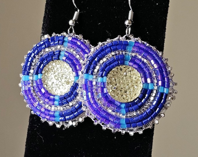 Native American Beaded Earrings, Round Purple, Teal, Periwinkle & Silver, 1.25" Handmade, Buckskin Backing, Blackfeet and Comanche Artist