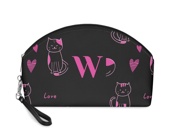 Pink Love Cats Black Cosmetic Bag: Personalized Initial W Faux Leather