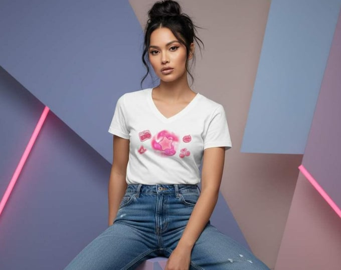 Y2K Pink Star Crystals Tee | Pastel Aesthetic Magical Gems V-Neck Shirt