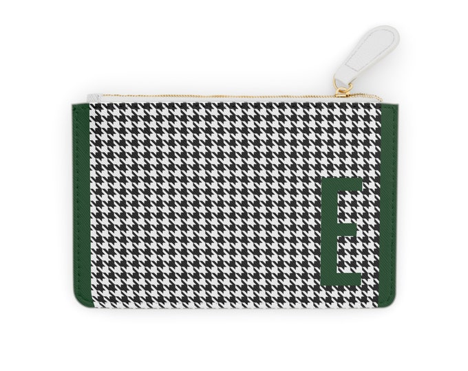 Houndstooth Forrest Green Detail Initialized, E Initial, Personalized Mini Clutch Bag, Womens Zippered Card Holder