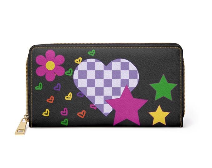 Checkerboard Heart Black Zipper Wallet | Colorful Hearts Stars Flower Pattern