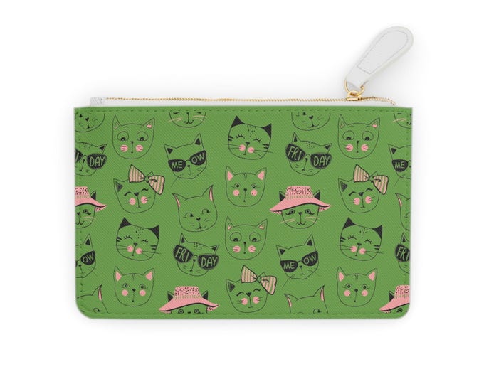 Cute Cat Faces Green Mini Clutch Bag | Pink Bow Hat Sunglasses Pattern