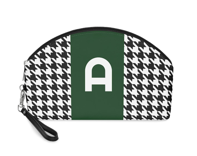Forrest Green, Black, and White Houndstooth patterned Makeup Bag, Personalized with Initial A, Her Makeup bag, Initialized