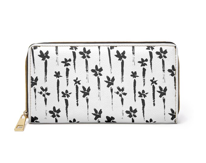 Black Ink Floral Pattern Zipper Wallet | Monochrome Flower Print