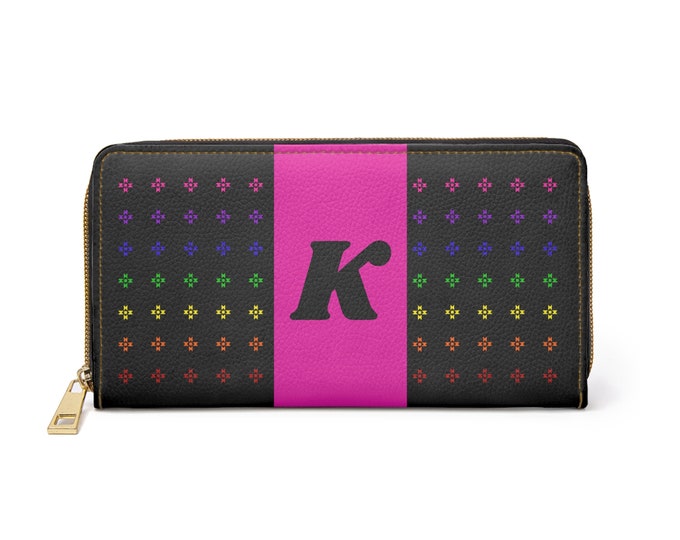 Rainbow Native Stars Womens Wallet, Pink Detail, Personalized with Black Initial K, Initialized Zipper Wallet, Native American Designed