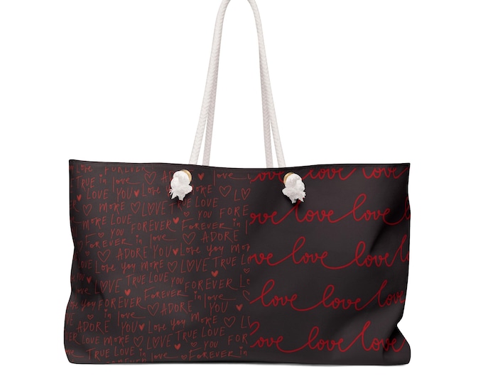Red Handwritten Love Script Weekender Bag | Black Romantic Script Pattern