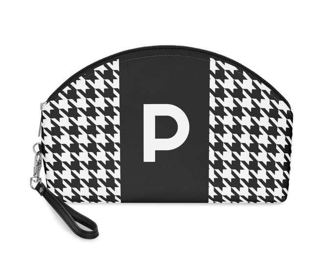 Black, and White Houndstooth patterned Makeup Bag, Personalized with Initial P